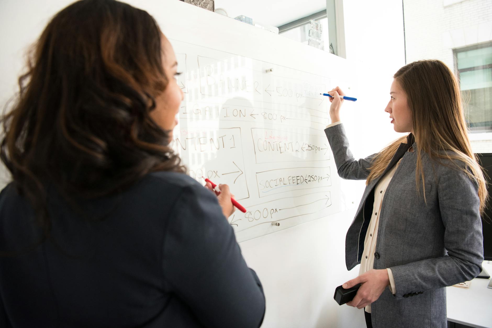 Zwei Frauen, Die Vor Dem Rechteckigen Whiteboard Stehen